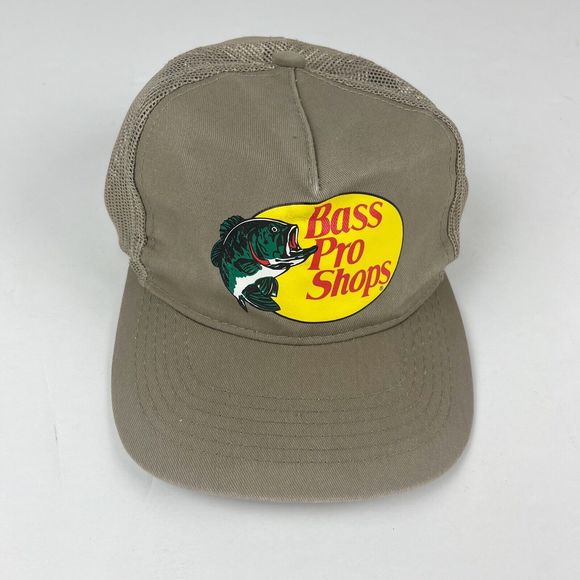 Bass Pro Shops Logo Mesh Fishing Hunting Trucker Cap Beige Snapback Hat - Picture 2 of 12